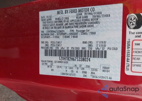 2007 Ford Mustang z USA, uszkodzony, nr VIN 1ZVHT82H675338024